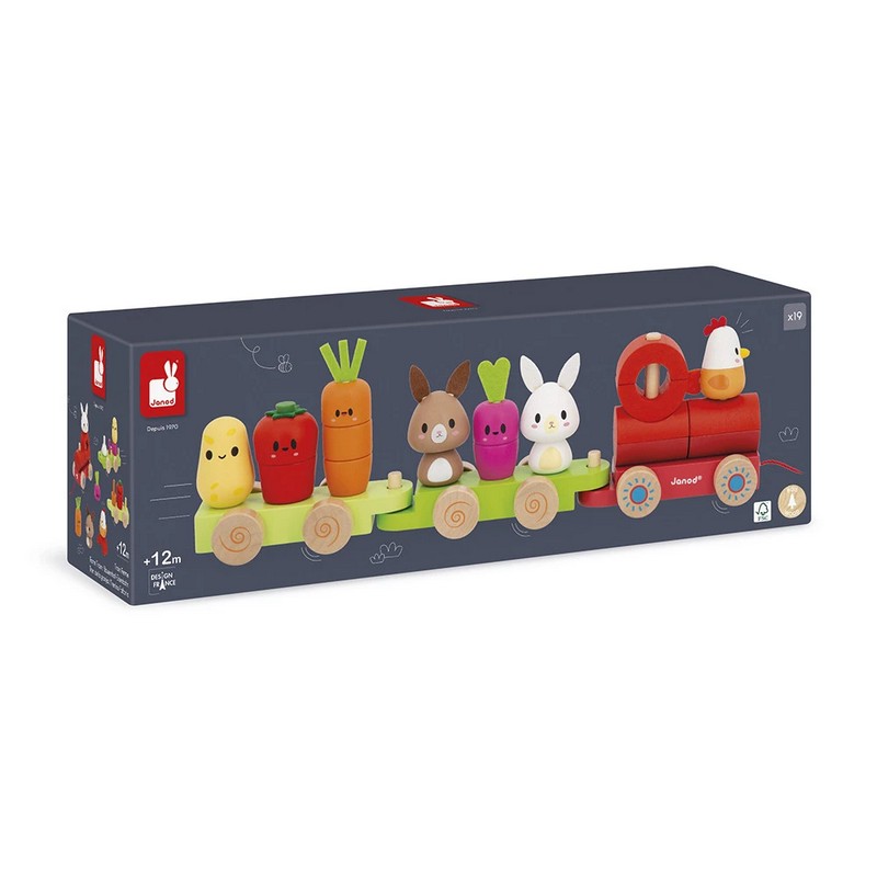 Gioco trenino trainabile legno per bambini a tema fattoria, con ortaggi, conigli e gallo, con blocchi da impilare